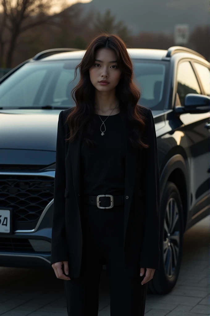 Une fille brune de 20 ans au cheveux noirs et habits noirs devant une hyundai creta noire