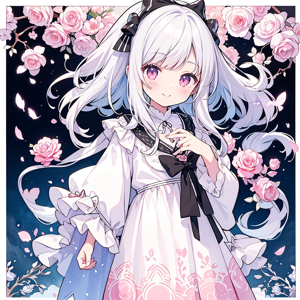 Transparent watercolor、、Beautiful layout and motif、Depth of written border、smile、1 person、Silver Hair((Medium Hair、Straight Hair))、White bristles、Fashionable design clothes、Background white、Rose petals、cute、black and pink goth、