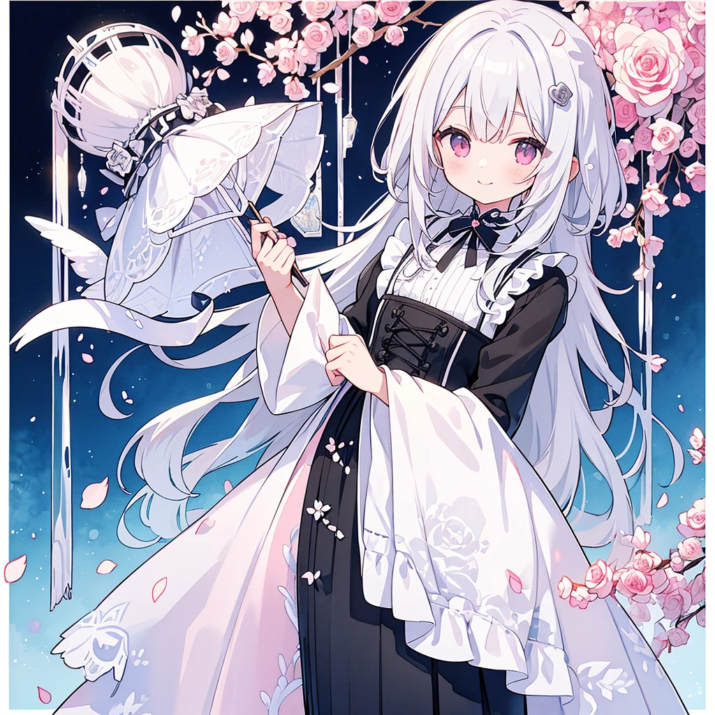 Transparent watercolor、、Beautiful layout and motif、Depth of written border、smile、1 person、Silver Hair((Medium Hair、Straight Hair))、White bristles、Fashionable design clothes、Background white、Rose petals、cute、black and pink goth、