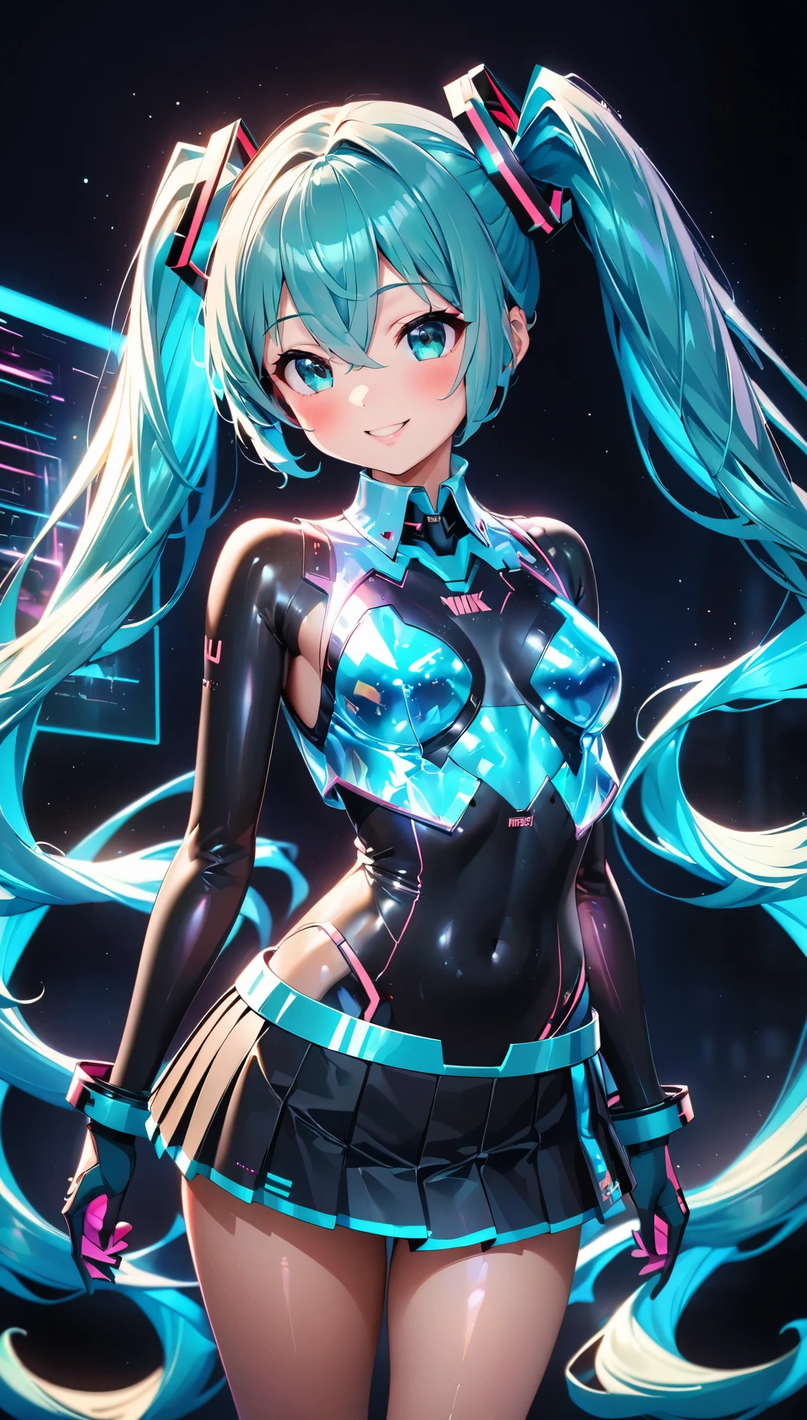 holography, Draw in neon colors, Beautiful holographic_Cyber Girl, Neon Hologram Suit, Shiny cyberpunk futuristic outfit, Pleated skirt, ((hatsune miku, Aqua Eye, Aqua Hair, bangs, whole body, Hair between the eyes, Long Hair, Twin tails, very Long Hair)), Slim figure:1.4, Beautiful Eyes, Glossy Lips, Glowing Skin, Detailed skin texture, ((smile, blush, Bust Shot:1.4)), Multi-colored holographic pattern, Dynamic pose, Dramatic lighting, Cinematic composition, Intricate details, (Highest quality:1.2, Very detailed, anime, Attention to detail, Ultra-high resolution, High Contrast, masterpiece:1.2, Highest quality, Best aesthetics),