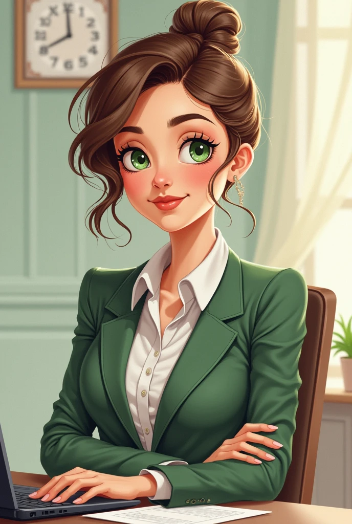 art mignon, art simple , femme, yeux vert, cheveux brun très très court, tenu professionnel, un ordinateur sur un bureau, dessin