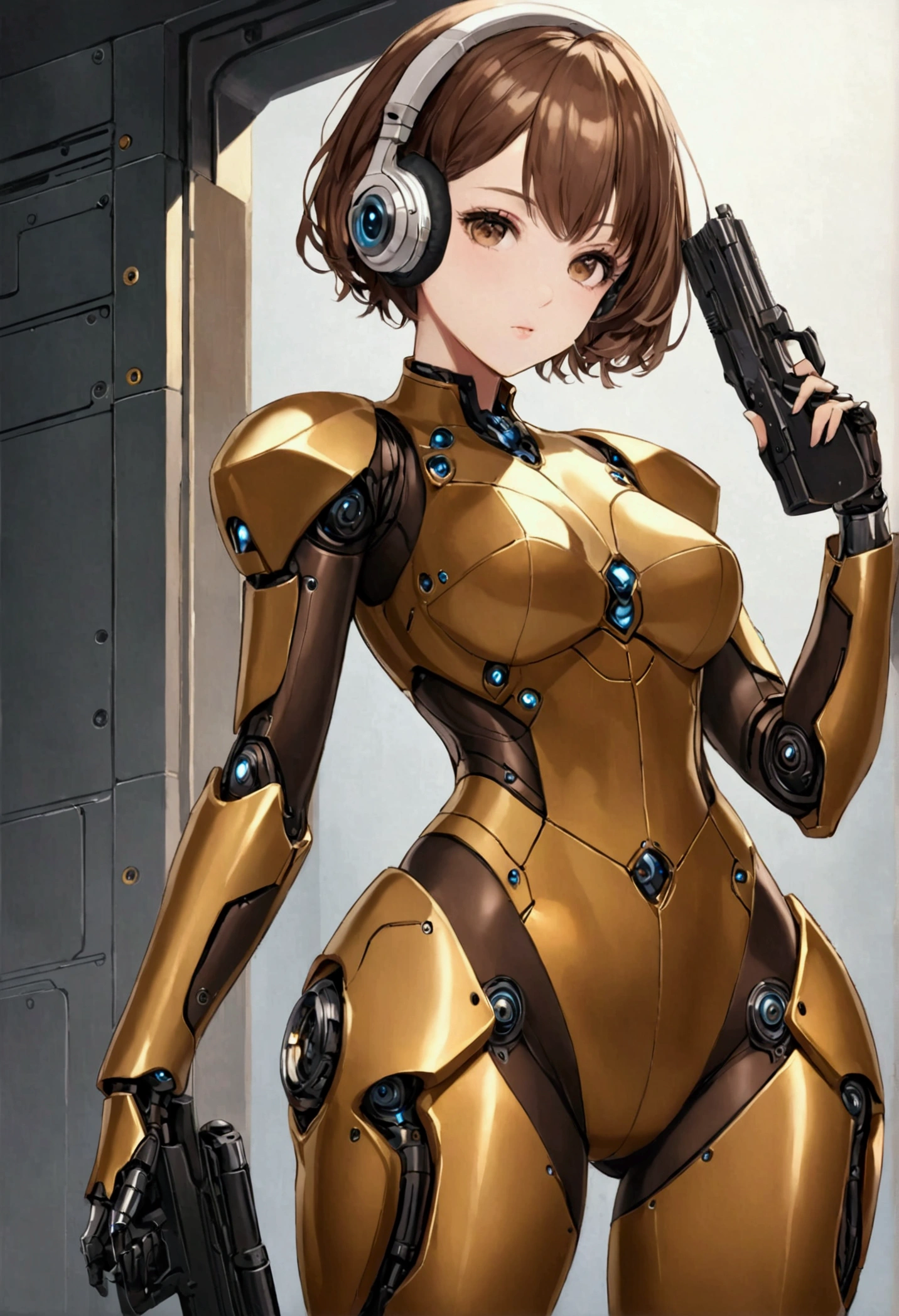  using earphone piercing gaze,hourglass body, wearing robot suit short brown hair light brown eyes with a gun in hand