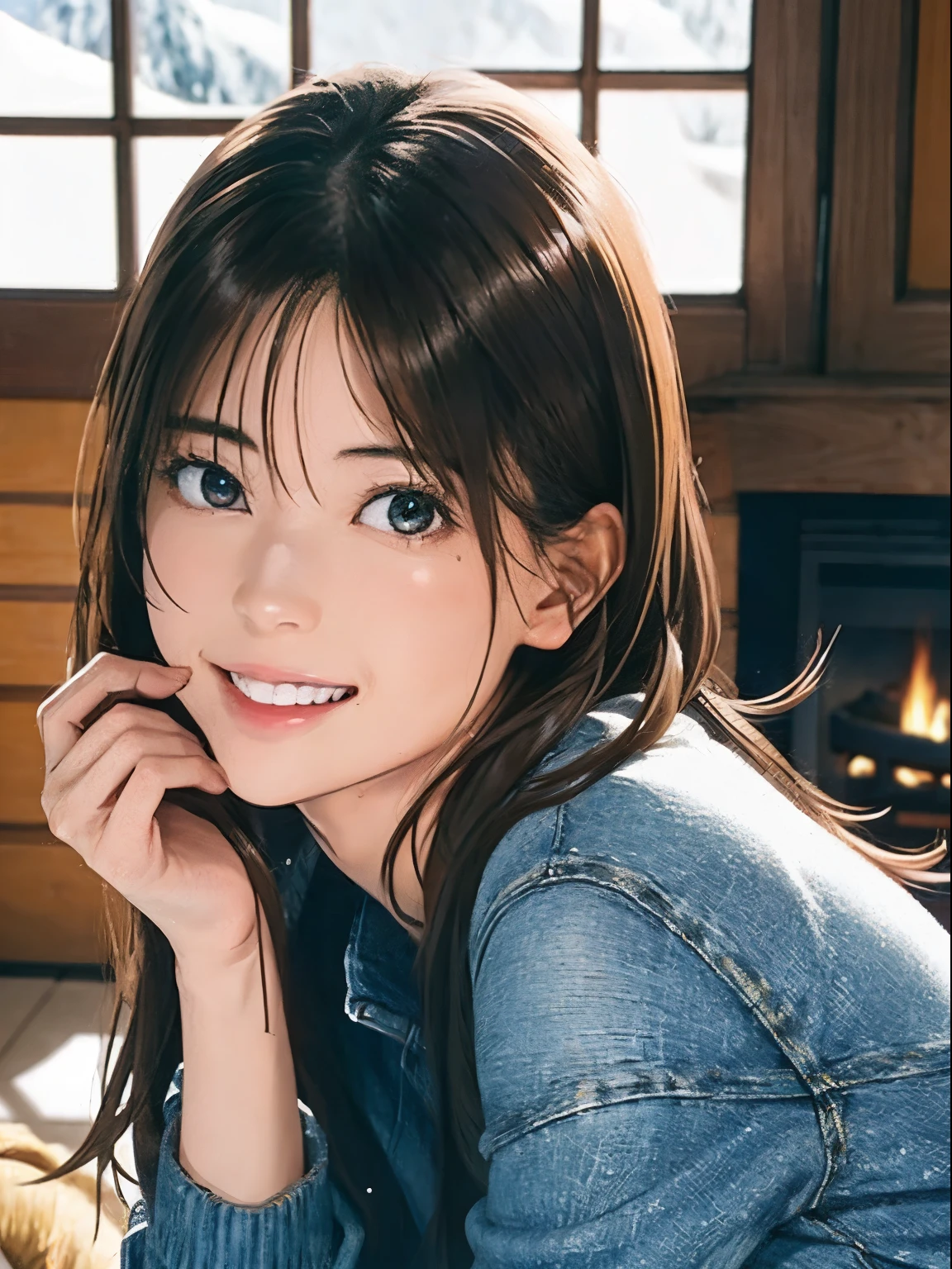 High resolution, 8k, Highest quality, detailed, Semi-realistic anime, Anime 3D Style, Smooth anime CG, One Girl, A 20-year-old Japanese woman, slim, Modeled, Shiny brown hair, detailedな顔, Beautiful and detailed, Glowing Skin, Hard Focus、Film Grain, Soft lighting, Looking at the audience, Laughter, (Woman wearing fleece and jeans), In front of the fireplace in the mountain hut、A warm living room surrounded by wooden furniture