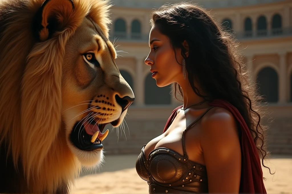 (RAW photo), (Realistic,24k), (photo-realistic), ultra high resolution, masterpiece, highest quality, portrait, facial portrait, perfect lighting, detailed lighting, dramatic shadow, ray tracing, 1 beautiful slave girl, , ((Idol face)), perfect anatomy, dark skin, Voluptuous, cleavage, symmetrical eyes, beautiful detailed brown eyes, chubby lips, big thick thighs, abs, muscle, shortcut hair, black hair, half open mouth, ((wearing a erotic Gladiator costume)), ((in Rome Arena)), (((fight with Lion))),