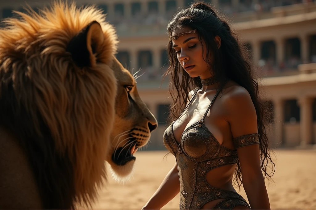 (RAW photo), (Realistic,24k), (photo-realistic), ultra high resolution, masterpiece, highest quality, portrait, facial portrait, perfect lighting, detailed lighting, dramatic shadow, ray tracing, 1 beautiful slave girl, , ((Idol face)), perfect anatomy, dark skin, Voluptuous, cleavage, symmetrical eyes, beautiful detailed brown eyes, chubby lips, big thick thighs, abs, muscle, shortcut hair, black hair, half open mouth, ((wearing a erotic Gladiator costume)), ((in Rome Arena)), (((fight with Lion))),