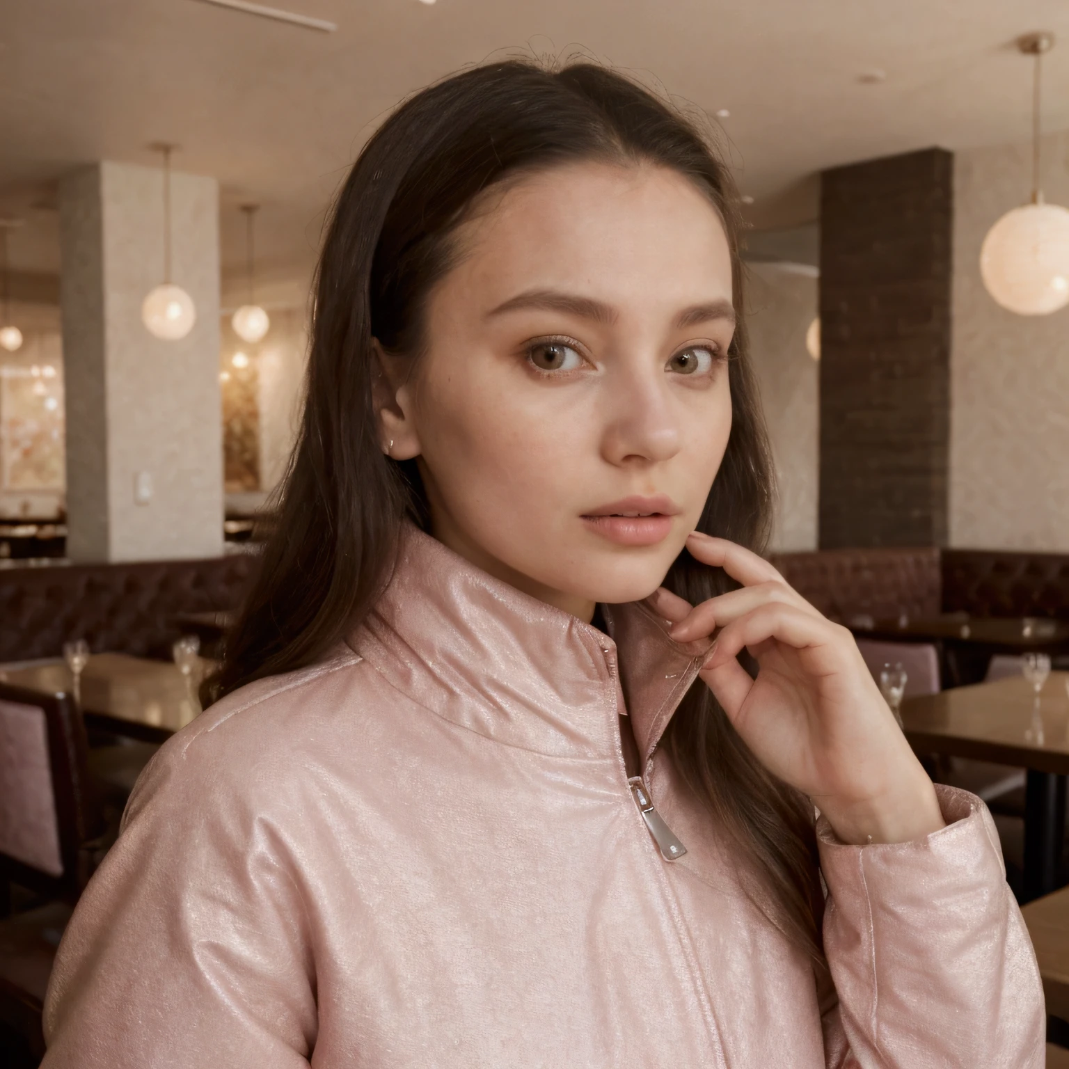 woman taking a selfie in a restaurant , wearing a turtleneck and jacket, profile pic, by Emma Andijewska, julia hetta, reflective puffer pink color jacket, reflective puffy coat, selfie of a young woman, style of julia razumova, model wears a puffer pink jacket, kailee mandel, wearing a fisher pink 🧥