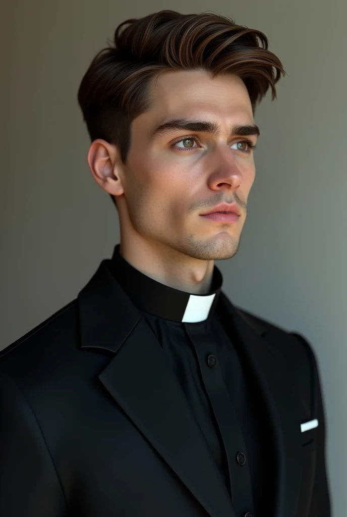 A young man (about twenty-four years old) hairless, White skin, Brown eyes and brown hair dressed in a black suit with a realistic priest collar