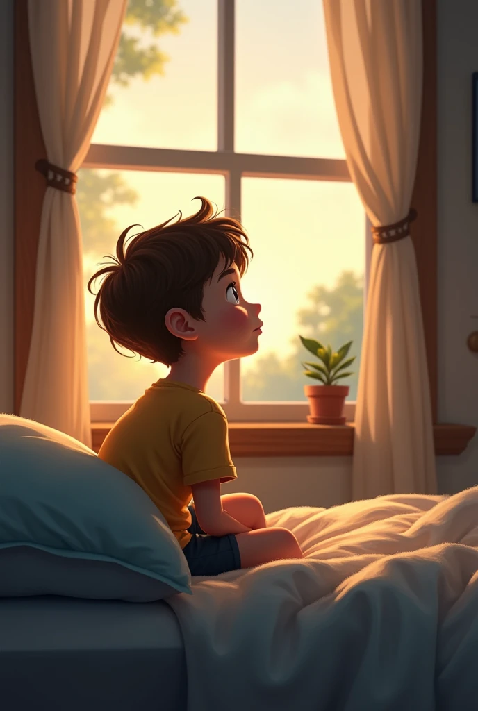 On a day when sunlight streams through a small window of a bedroom in an old suburban house, there is a 1 boy in the room.