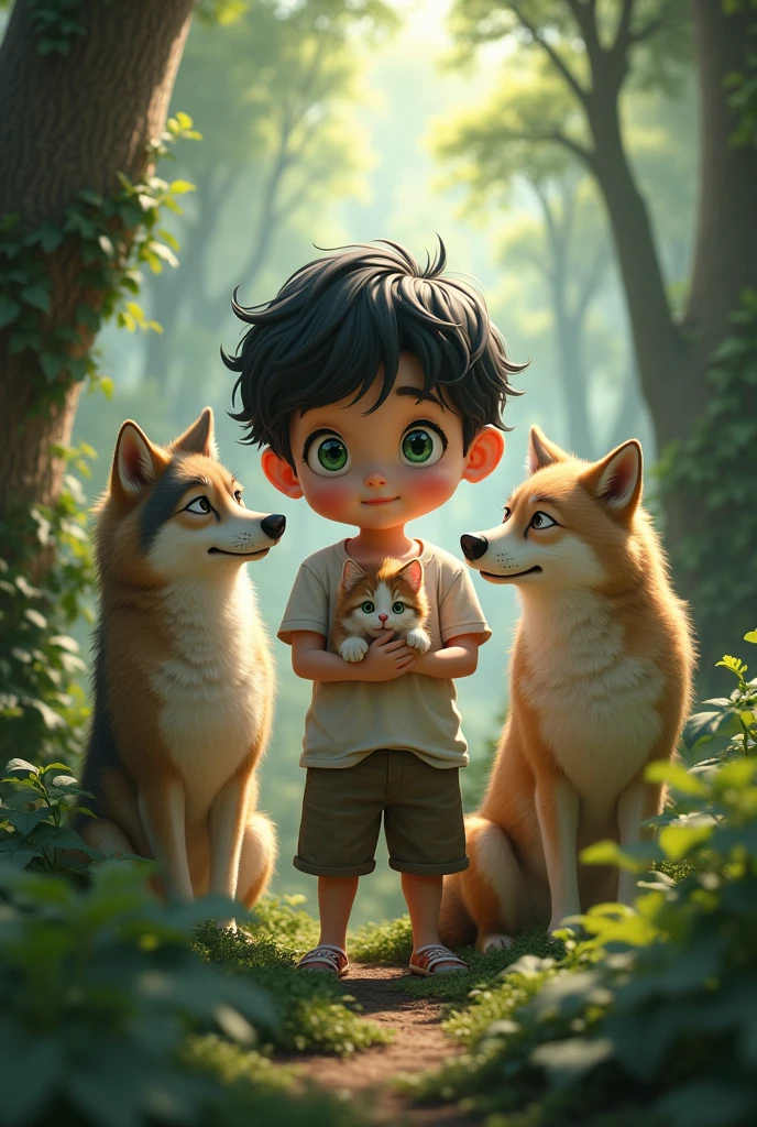 . Little chubby boy with short black wavy hair, green eyes, chubby, looks like he's , big boy wearing a t-shirt and shorts in a beautiful forest with wolves around him and holding a kitten, realistic realism full 8k