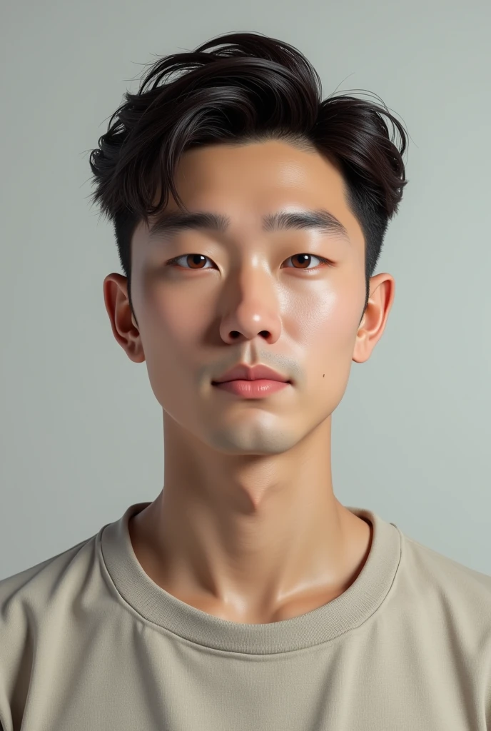 Create a realistic image of a 2 Korean man with an oval face, standing 1.81 cm tall, weighing 55 kg, with brown eyes and brown hair styled in an undercut hairstyle. He should appear handsome with clear, well-defined features. Include signs of arthritis, such as slightly swollen joints and a subtle limp, while ensuring the focus remains on his attractive appearance. The background should be neutral to highlight both his condition and his features