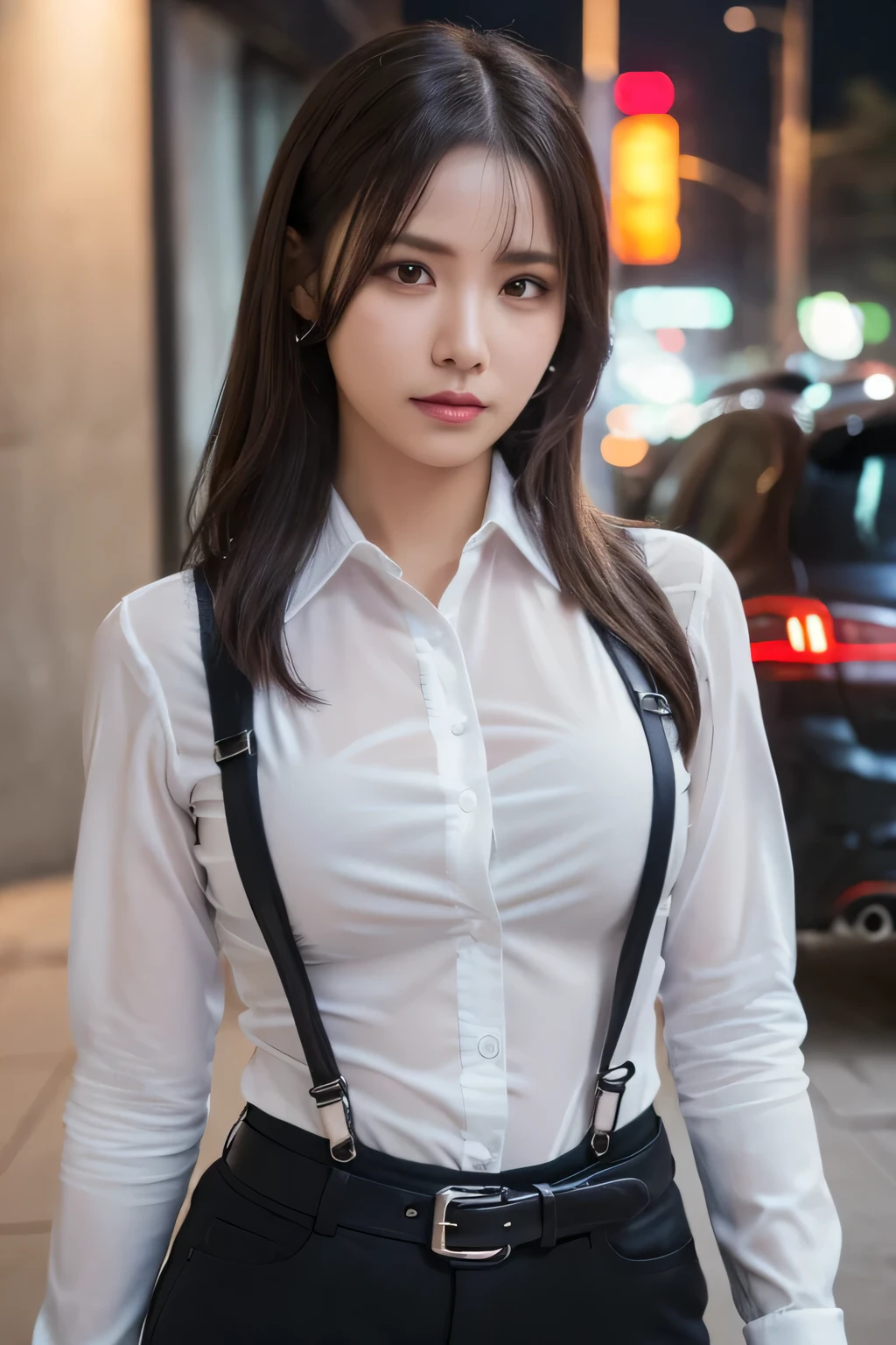 a woman in a suit, belt, hands behind back, sweating, suspenders, black pants, sexly, large breasts, see-through clothing, rain, detective, office worker, white button-up shirt, (best quality,4K,8k,highres,masterpiece:1.2),ultra-detailed,(realistic,photorealistic,photo-realistic:1.37),hyper-detailed,highly detailed face and body, Slender thin suspenders Moderate breasts See-through shirt Nipples holster chain Pistol Armament criminal Female criminal knife