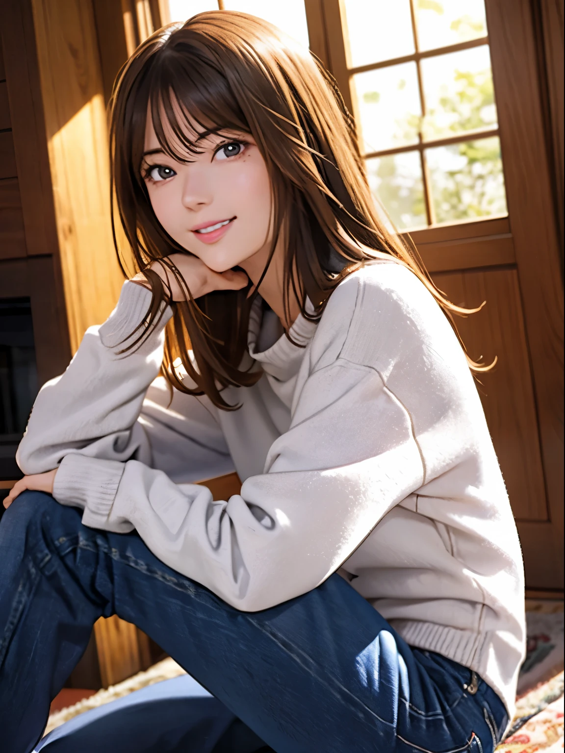 High resolution, 8k, Highest quality, detailed, Semi-realistic anime, Anime 3D Style, Smooth anime CG, One Girl, A 20-year-old Japanese woman, slim, Modeled, Shiny brown hair, detailedな顔, Beautiful and detailed, Glowing Skin, Hard Focus、Film Grain, Soft lighting, Looking at the audience, Laughter, (Woman wearing fleece and jeans), In front of the fireplace in the mountain hut、A warm living room surrounded by wooden furniture