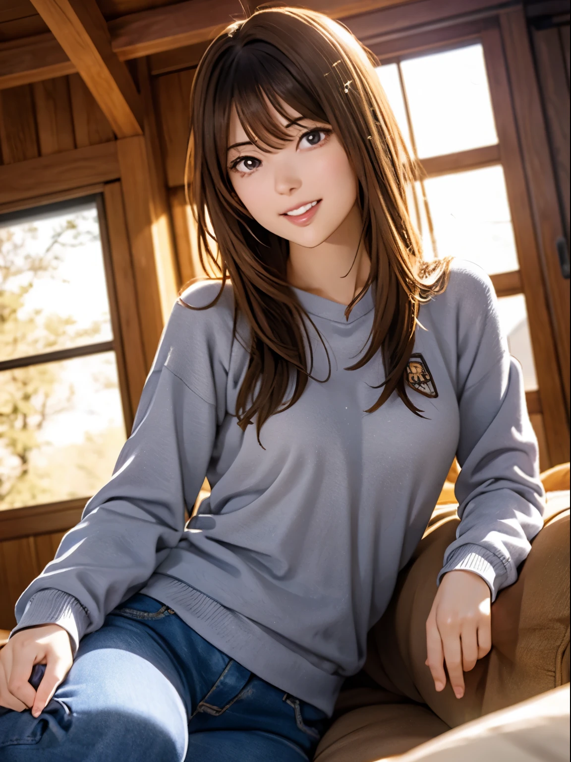 High resolution, 8k, Highest quality, detailed, Semi-realistic anime, Anime 3D Style, Smooth anime CG, One Girl, A 20-year-old Japanese woman, slim, Modeled, Shiny brown hair, detailedな顔, Beautiful and detailed, Glowing Skin, Hard Focus、Film Grain, Soft lighting, Looking at the audience, Laughter, (Woman wearing fleece and jeans), In front of the fireplace in the mountain hut、A warm living room surrounded by wooden furniture