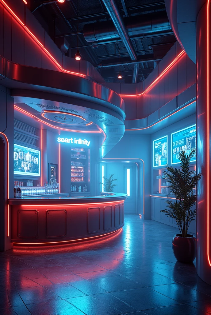 Photographic grade，Movie quality，CG Wallpaper，An interior view of a cyber bar with a strong atmosphere，Store name displayed on bar counter"SeaArt Infinity"