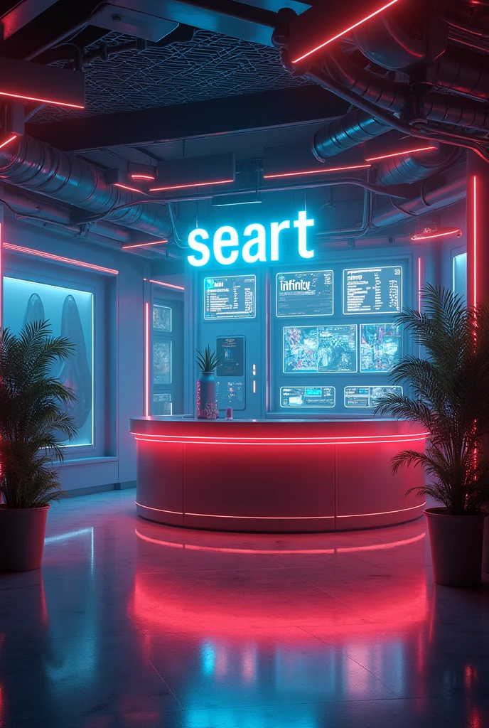 Photographic grade，Movie quality，CG Wallpaper，An interior view of a cyber bar with a strong atmosphere，Store name displayed on bar counter"SeaArt Infinity"