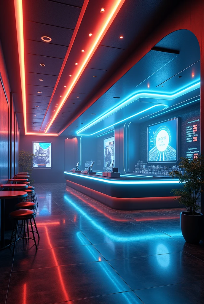 Photographic grade,Movie quality,CG Wallpaper,An interior view of a cyber bar with a strong atmosphere,Store name displayed on bar counter"SeaArt Infinity"