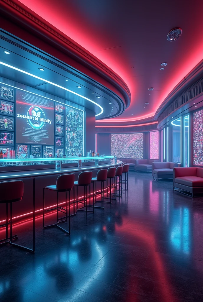 Photographic grade,Movie quality,CG Wallpaper,An interior view of a cyber bar with a strong atmosphere,Store name displayed on bar counter"SeaArt Infinity"