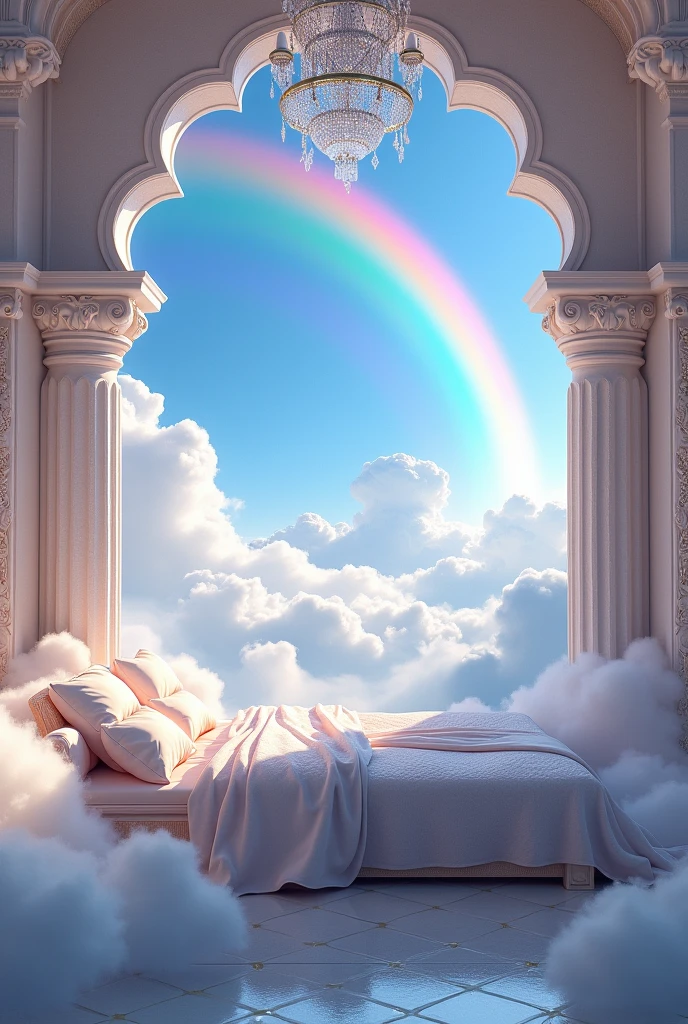 A gorgeous bedroom in a castle in the sky。cloud、rainbow、A shining, fantastical space。