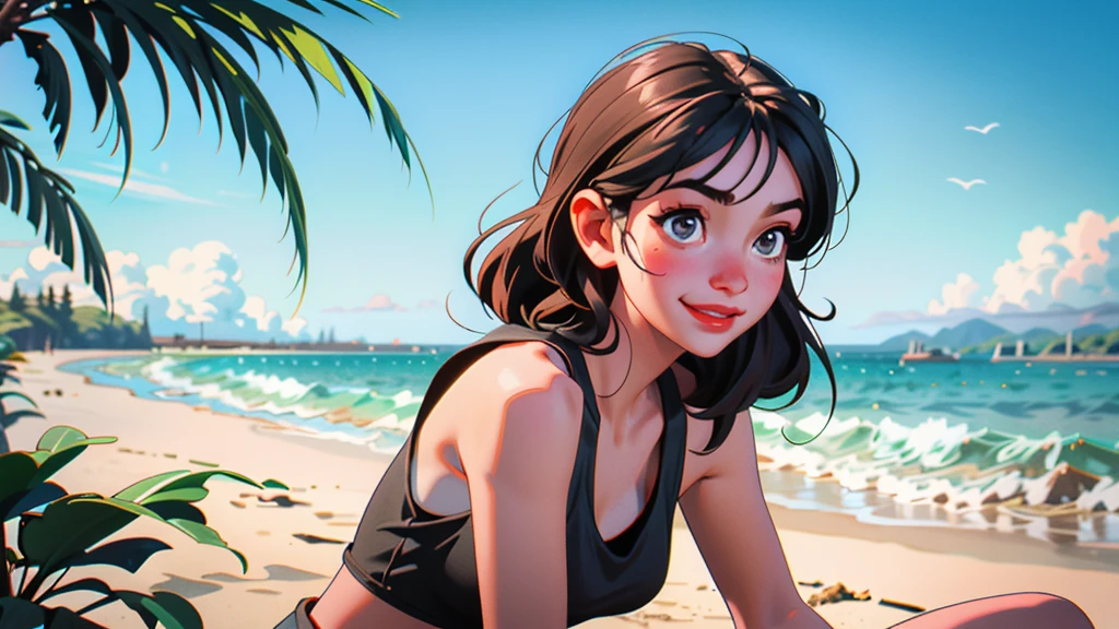 A young woman in a tank top enjoying the beach, chubby, Japanese, cute, fair-skinned, smiling, alone, Long black hair, bright sun, southern island, sea, sunburn marks