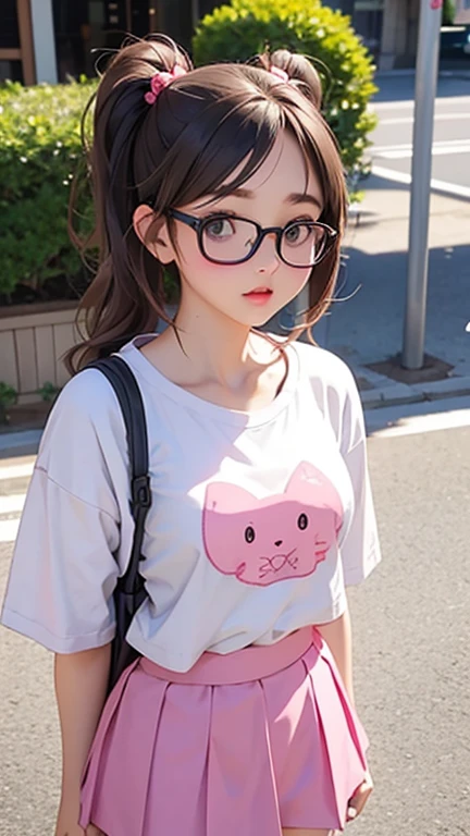 top quality、realistic、female、Japanese、scale、Cute、grey eyes、Brown hair、two tails、Glasses、Big pink t-shirt、mini skirt、