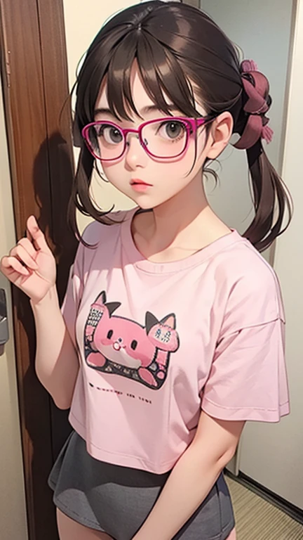 top quality、realistic、female、Japanese、scale、Cute、grey eyes、Brown hair、two tails、Glasses、Big pink t-shirt、mini skirt、