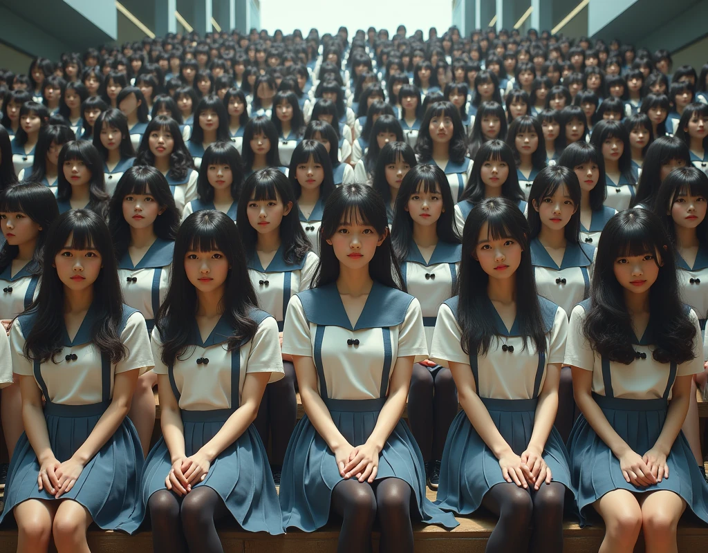 (Japanese Clone-girls=Myself), (Super Best masterpiece Clone-girls Raw Photography Art), (16K, Highest quality, Ultra-high resolution, RAW Photos), (It's so unrealistic., With unparalleled depiction, With an unfathomable sight, An unprecedented and shocking worldview, Clone-girls: In a world of mass reproduction, Ultra-realistic), (Japanese Girls, 16yo, Small face, Thick black hair, long hair, Dark Eyes, Mature face, Cute Smile, Smiling face, A gentle gaze, Very pleasant look), (Very beautiful detailed girls, Accurate body structure, Accurate body movements, Very detailed body, (Super big breasts, Large bulge of ample breasts)), ((Schoolgirl uniform, Short sleeve, mini skirt, Emphasise the fullness of your breasts)), (Very detailed, Myself cloning, Depiction of splitting oneself, 1Myself girl→1,000,000,000,000,000,000,000,000,000,000Myself cloning girls), (Myself clone girlsは, With the same perfect appearance without any difference, to multiply in large numbers), (Very detailed depiction, Myself's multiplying female body, In the same female body,With the same face, With the same hairstyle, In the same clothes, At the same height, 同じSuper big breastsで, The same female body that is completely indistinguishable, 1,000,000,000,000,000,000,000,000,000,000 people), (Myself girls only), (Academy, academic level, Commemorative photo depiction, Tiered stage photography, Happy smile, Front view)