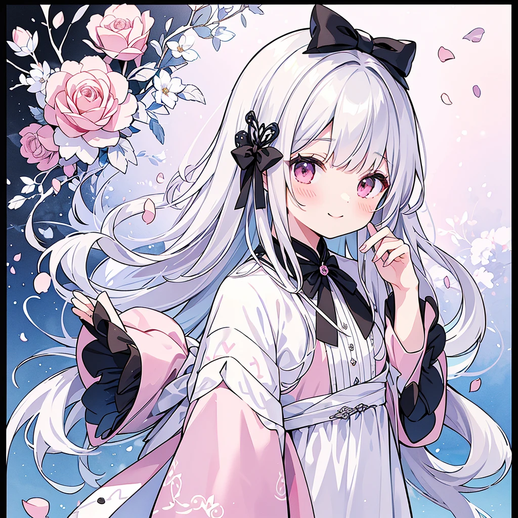 Transparent watercolor、、Beautiful layout and motif、Depth of written border、smile、1 person、Silver Hair((Medium Hair、Straight Hair))、White bristles、Fashionable design clothes、Background white、Rose petals、cute、black and pink goth、