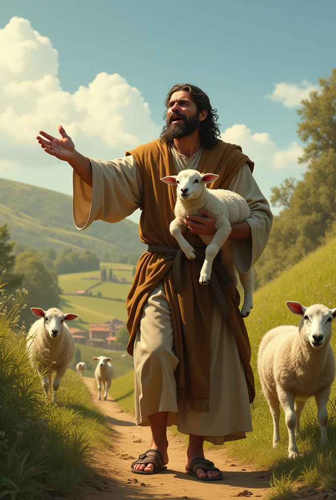 biblical history,
man with sheep in his arms calling his friends Rejoice with me, for I have found my lost sheep!'