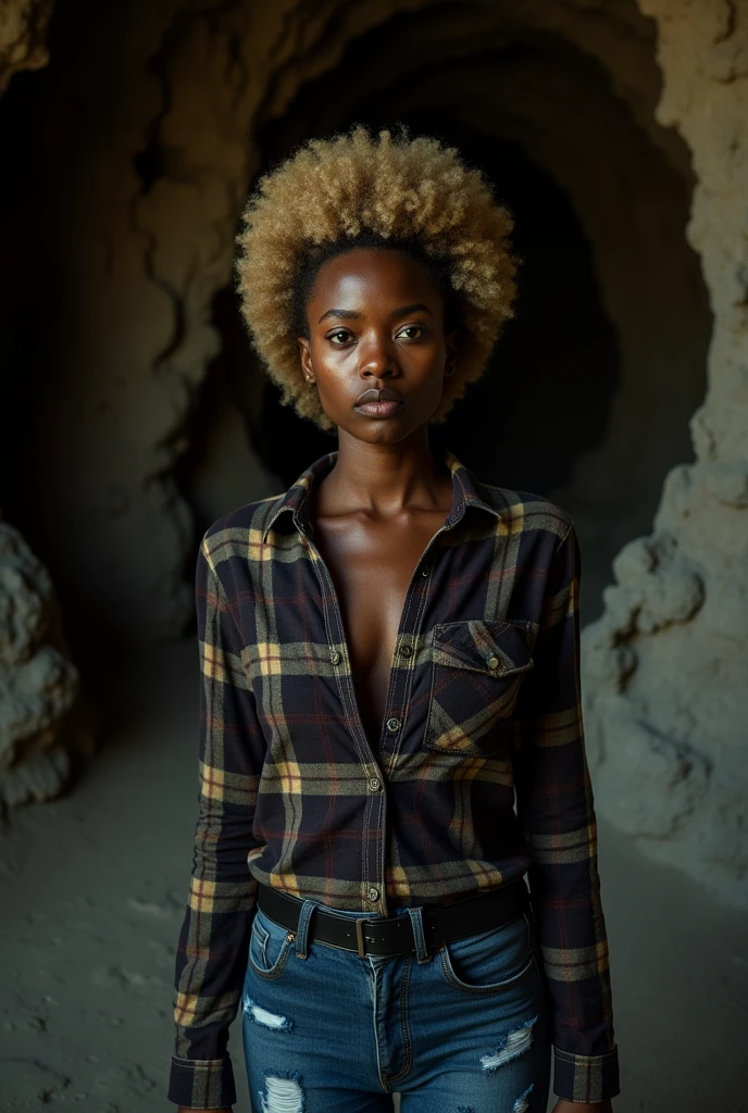 photograph of a woman, (troubled facial expression), textured skin, goosebumps, blonde afro hair, plaid flannel shirt with distressed boyfriend jeans, cowboy shot, dark and mysterious cave with unique rock formations and hidden wonders, perfect eyes, (candlelight,chiaroscuro), Porta 160 color, shot on ARRI ALEXA 65, bokeh, sharp focus on subject, shot by Don McCullin