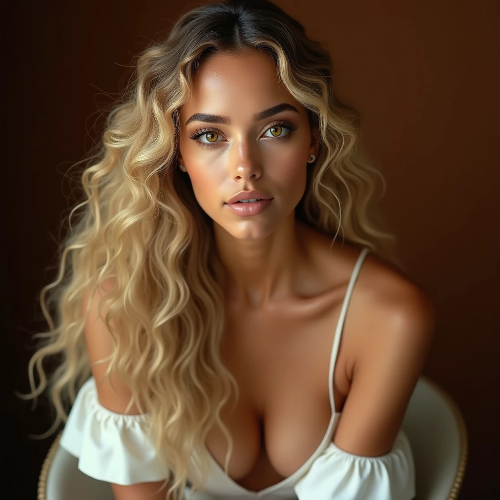 Toffee color skin, beautiful toffee mixed woman with long blond curly hair and extremely detailled clear yellow eyes, She sits on a high white stool and does a magnificent photo shoot she has a beautiful outfit made of white pearl, she is beautiful, Chocolate brown background