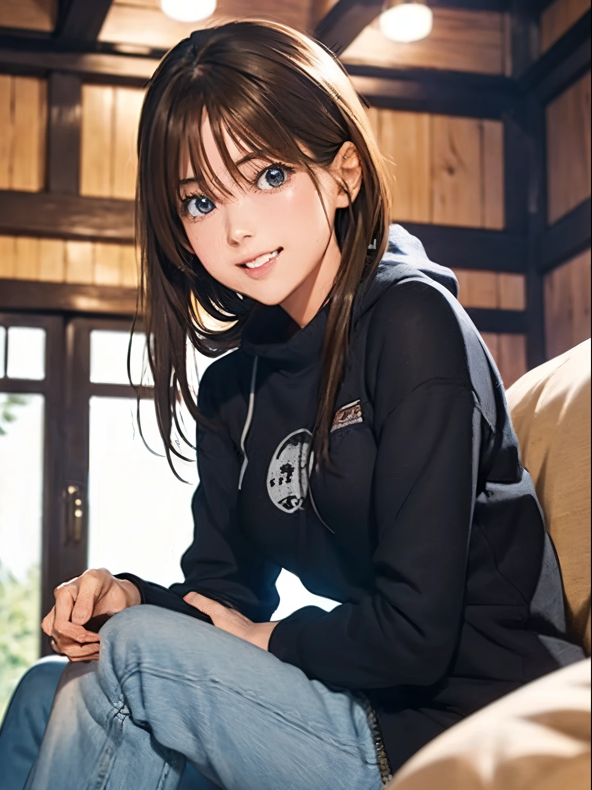 High resolution, 8k, Highest quality, detailed, Semi-realistic anime, Anime 3D Style, Smooth anime CG, One Girl, A 20-year-old Japanese woman, slim, Modeled, Shiny brown hair, detailedな顔, Beautiful and detailed, Glowing Skin, Hard Focus、Film Grain, Soft lighting, Looking at the audience, Laughter, (Woman wearing fleece and jeans), In front of the fireplace in the mountain hut、A warm living room surrounded by wooden furniture