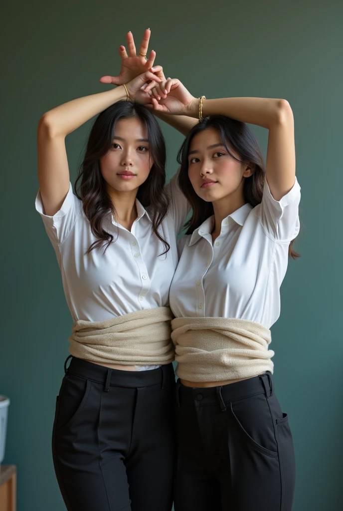 Two schoolgirls in school uniform white blouse tucked into their pants Hands tied up  above head legs tied  Gagged bondage. Sweater pulled up over her Tits exposing her white blouse tucked tightly into her pants 