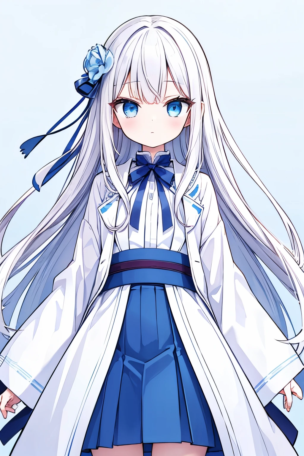 {{{masterpiece}}}, {{{best quality}}}, {{ultra-detailed}}, {illustration}, {{an extremely delicate and beautiful}},japanese high school student 1girl long straight white hair blue eyes skirt skyblue trench coat,{front}