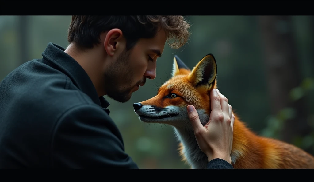 There is a shadow、Photorealistic、Ultra HD、A man is touching a fox's head、The fox is smiling a lot、Side view