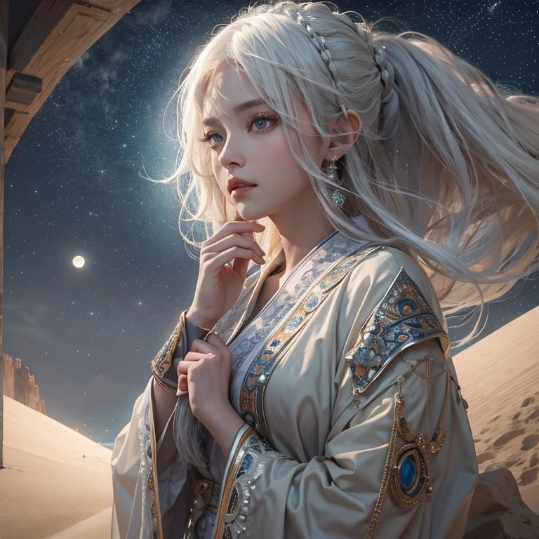 (Highest quality、masterpiece、8k、Best image quality、Ultra-high resolution、Award-winning works)、A beautiful white-haired woman watches over us from afar in the desert., Where the moonlight shines.、Ancient Islamic clothing、Beautiful face drawn in every detail