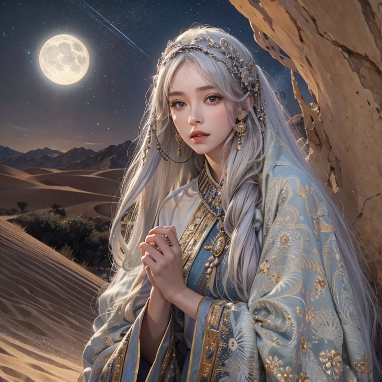 (Highest quality、masterpiece、8k、Best image quality、Ultra-high resolution、Award-winning works)、A beautiful white-haired woman watches over us from afar in the desert., Where the moonlight shines.、Ancient Islamic clothing、Beautiful face drawn in every detail