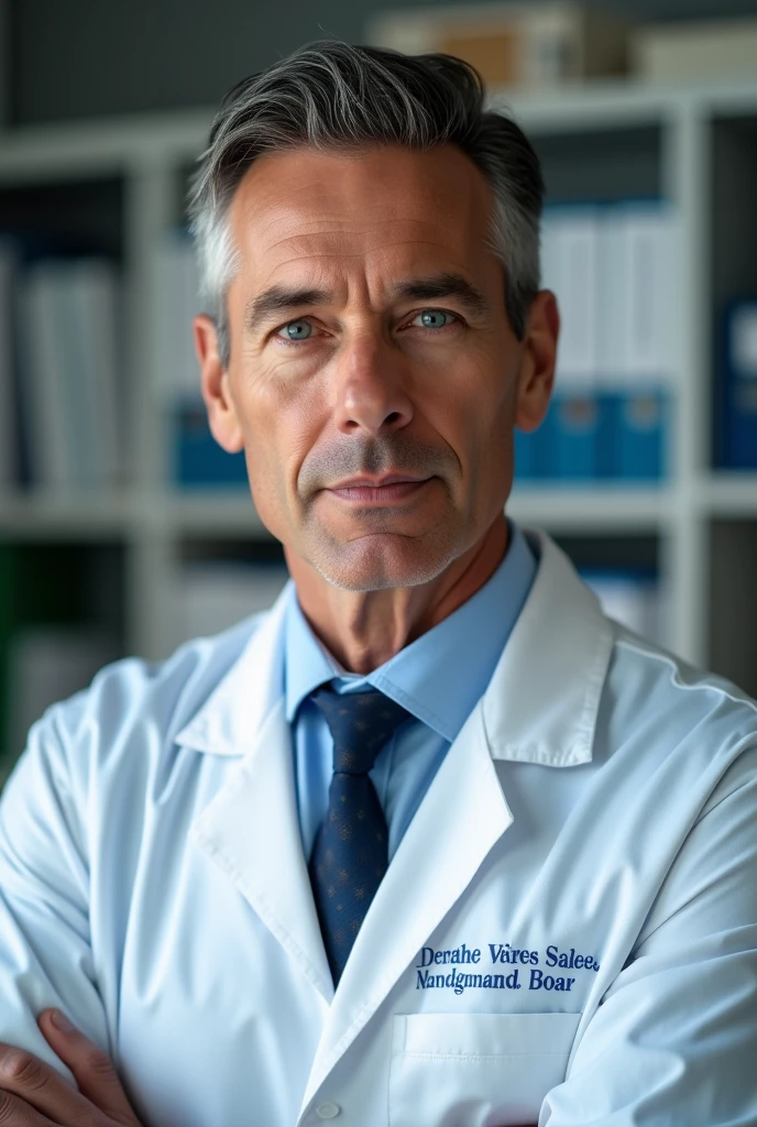 Create a photo of a strong doctor with well-cut hair and blue eyes, photo taken inside his office
