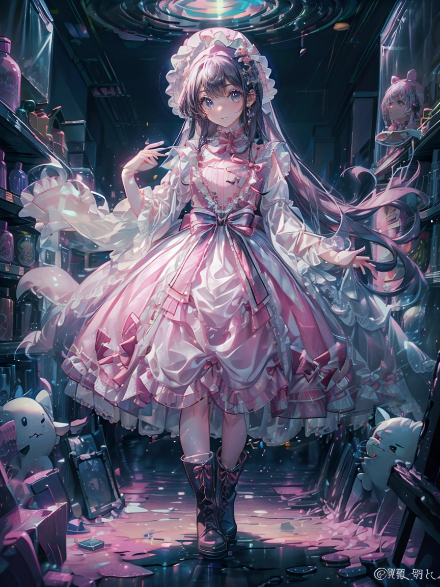 robbery、Raid Store、Anime style、storytelling、、beautiful girl、とてもLovely天使、Pink Gothic Dress、Lovely、baby face、Smile、Long skirt、Black boots、