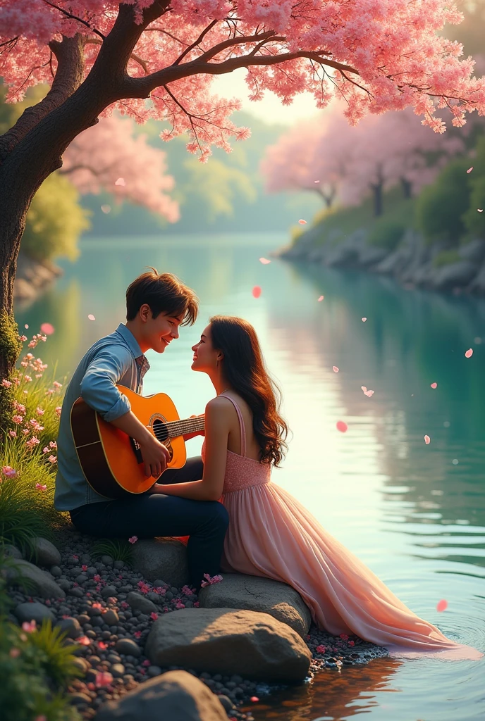 A male playing a guiter for his girlfriend realistic front a beautiful river, cross dugs
and perfact nature view and right and left trees color ping falling pink leaf and time sunrise