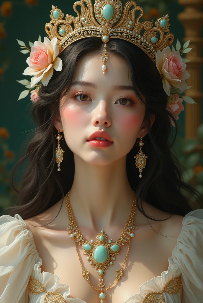 Ethereal portrait of the goddess, Complex, chic, very detailled, digitalpainting, art station, conceptual artwork, Soft, Focus Clear, illustration, artist:artgerm、Greg Rutkowski、Alphonse Mucha's、william - adolphe bouguereau e stephanie law , epic royal background, Grand Royal Tiara Uncut, royal jewelry, Robot, naturey, widescreen, symetry, Greg Rutkowski, Charlie Bowater, Sons de bipe, Irreal 5, Surrealism, dynamic lighting, Fantasyart