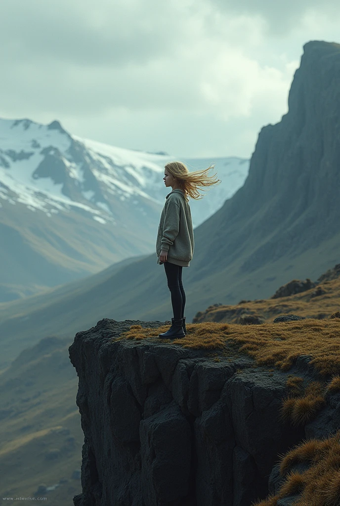 Teen girl on a cliff in Iceland, blonde lo
