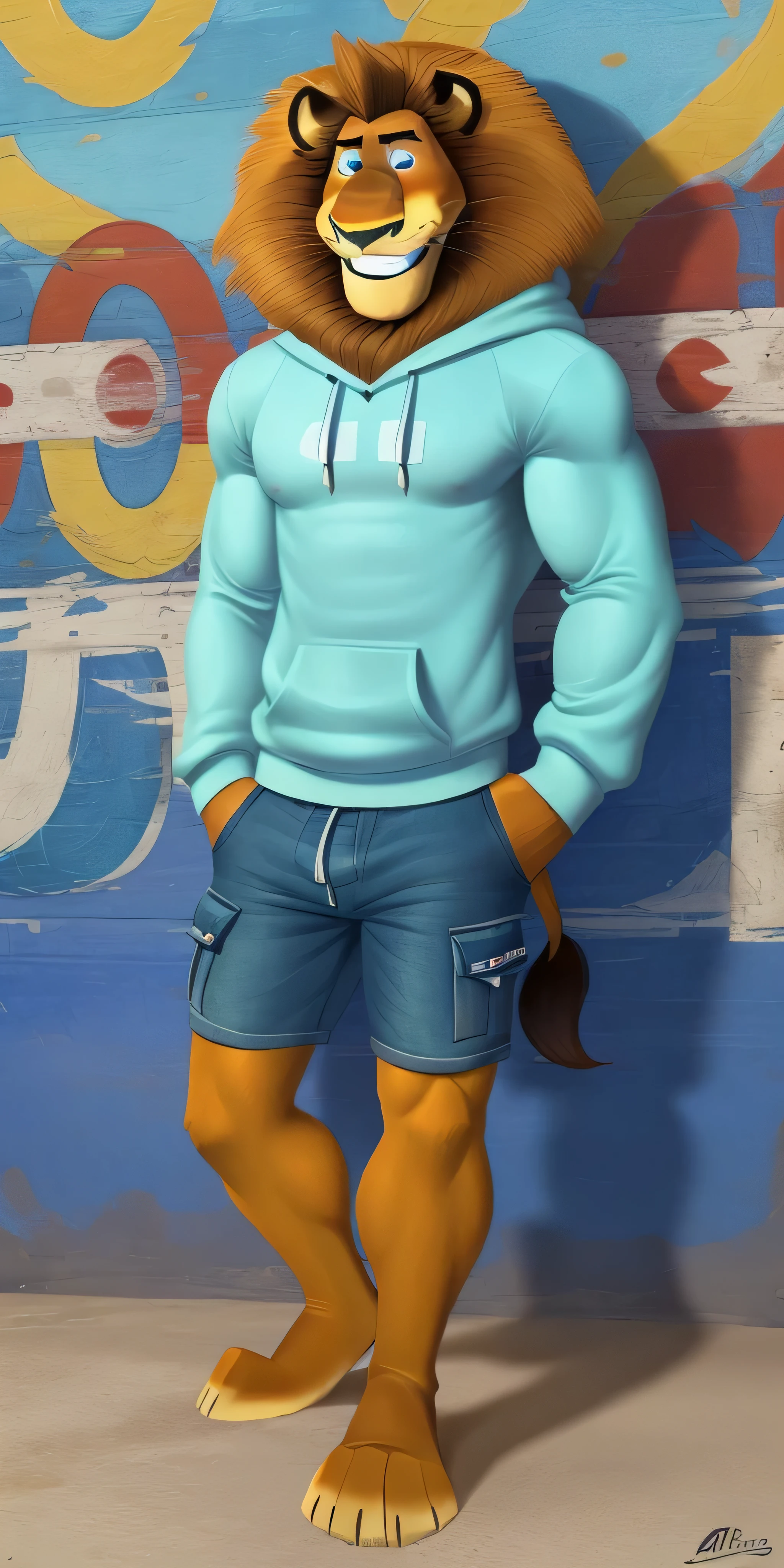 Alex the Lion, muscular body, big biceps, extremely beautiful and cute face, perfectly detailed blue eyes with perfectly detailed pupils, wears cyan sweatshirt, denim cargo shorts, bare feet, quay background, gentle look, cute smile