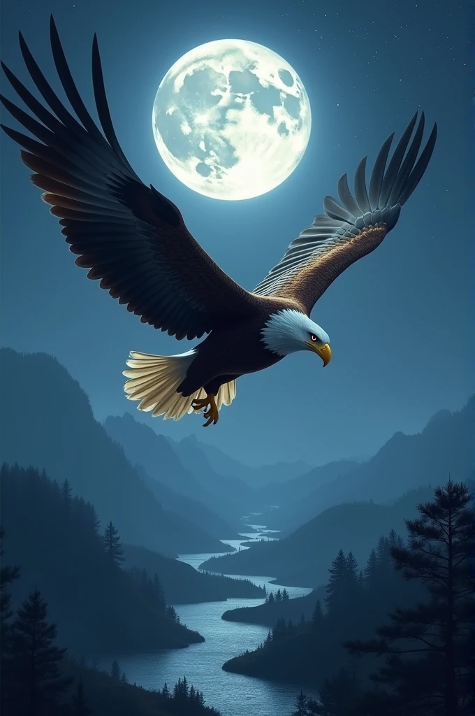 Eagle flying in the night landscape and its goals so ahead 
