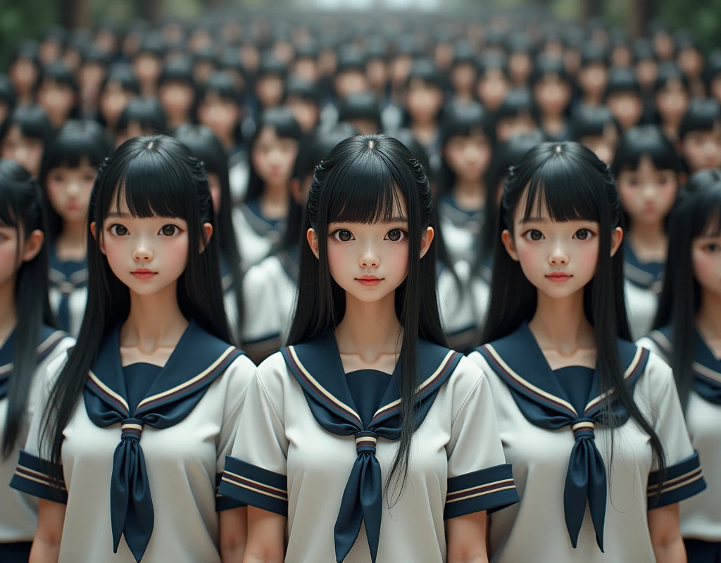 (Japanese Clone-girls=Myself), (Super Best masterpiece Clone-girls Raw Photography Art), (16K, Highest quality, Ultra-high resolution, RAW Photos), (It's so unrealistic., With unparalleled depiction, With an unfathomable sight, An unprecedented and shocking worldview, Clone-girls: In a world of mass reproduction, Ultra-realistic), (Japanese Girls, , Small face, Thick black hair, long hair, Dark Eyes, Mature face, Cute Smile, Smiling face, A gentle gaze, Very pleasant look), (Very beautiful detailed girls, Accurate body structure, Accurate body movements, Very detailed body, (Super big breasts, Large bulge of ample breasts)), ((Schoolgirl uniform, Short sleeve, mini skirt, Emphasise the fullness of your breasts)), (Very detailed, Myself cloning, Depiction of splitting oneself, 1Myself girl→1,000,000,000,000,000,000,000,000,000,000Myself cloning girls), (Myself clone girlsは, With the same perfect appearance without any difference, to multiply in large numbers), (Very detailed depiction, Myself's multiplying female body, In the same female body,With the same face, With the same hairstyle, In the same clothes, At the same height, 同じSuper big breastsで, The same female body that is completely indistinguishable, 1,000,000,000,000,000,000,000,000,000,000 people), (Myself girls only), (Academy, academic level, Commemorative photo depiction, Tiered stage photography, Happy smile, Front view)