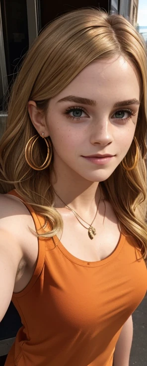 Emma Watson, green eyes, lined eyes, blonde hair, hair with brown roots, wavy hair, long hair, red painted mouth, smile, earrings, necklace, athletic body, (orange top texture), earrings, city, focus on face, selfie pose, frontal shot.