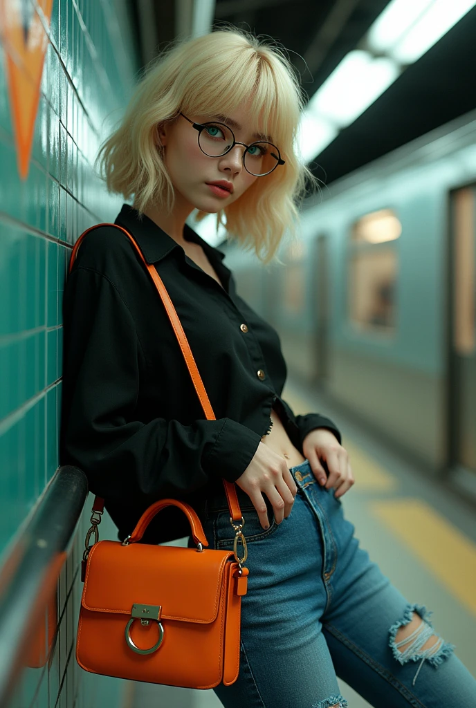 a beautiful woman with shoulder-length blond-colored hair, green eyes, wearing round Ray-Ban style glasses, black frayed blouse, ripped jeans at the knee, carrying a fluorescent caramel bag, standing and leaning against a railing in a subway station, intricate details, photorealistic textures, cinematic lighting, vibrant colors, atmospheric environment, anime style, niji journey, best quality, 8k, highres, masterpiece, ultra-detailed, realistic, photorealistic, photo-realistic, HDR, UHD, studio lighting, ultra-fine painting, sharp focus, physically-based rendering, extreme detail description, professional, vivid colors, bokeh, more detail, enhanced, poakl.