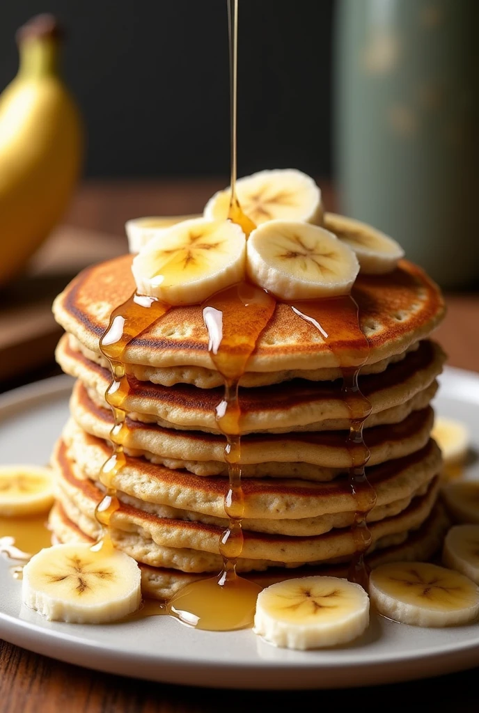 Oatmeal Pancake: A stack of oat pancakes garnished with banana slices and honey.
Centered for cropping appearing 100%