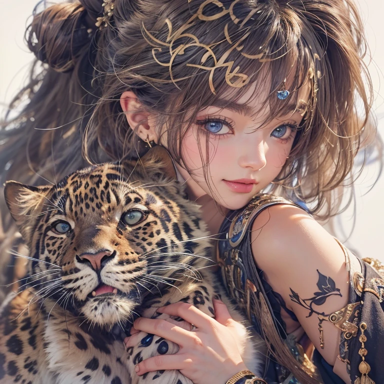 Hiding in the desert、Hair Flow、 ((Highest quality、masterpiece、8k、Best image quality、Ultra-high resolution、Award-winning works)、(Accurate anatomy:1.1)、(Look at me and smile:1.1)、Shining fair skin with Ultra-high resolution、The most detailed face、Ultra-high resolution detailed face、Ultra-high resolution hair、(Ultra-high resolutionのeyes :1.1)、Beautiful face drawn in every detail、(Blurred Background:1.1)、Ancient Islamic clothing, Chest to chest, tattoo, Old ruins in the background、Black leopard