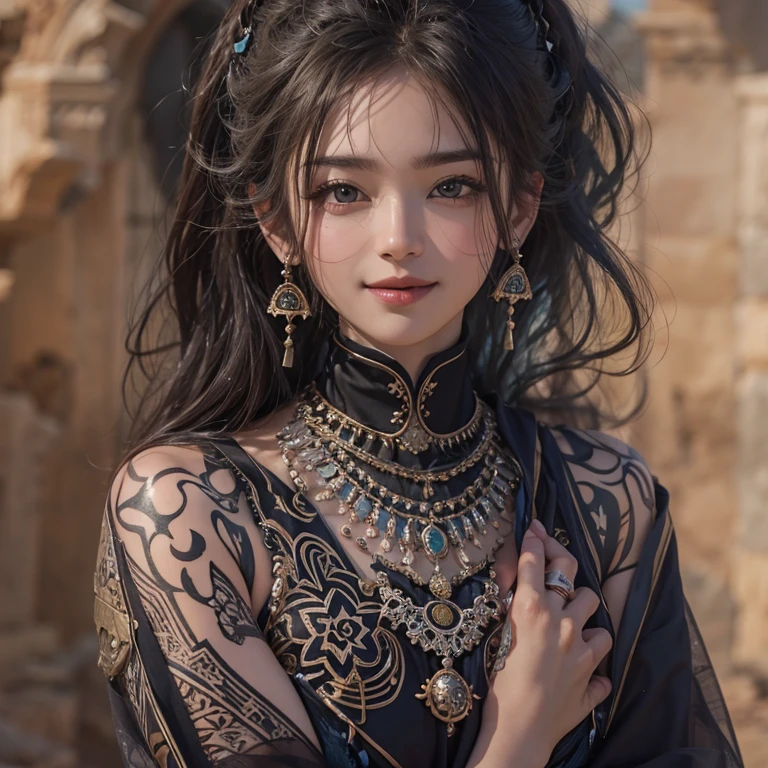 Hiding in the desert、Hair Flow、 ((Highest quality、masterpiece、8k、Best image quality、Ultra-high resolution、Award-winning works)、(Accurate anatomy:1.1)、(Look at me and smile:1.1)、Shining fair skin with Ultra-high resolution、The most detailed face、Ultra-high resolution detailed face、Ultra-high resolution hair、(Ultra-high resolutionのeyes :1.1)、Beautiful face drawn in every detail、(Blurred Background:1.1)、Ancient Islamic clothing, Chest to chest, tattoo, Old ruins in the background、Black leopard