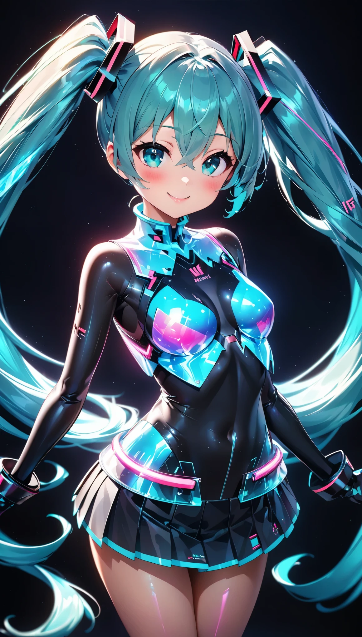 holography, Draw in neon colors, Beautiful holographic_Cyber Girl, Neon Hologram Suit, Shiny cyberpunk futuristic outfit, Pleated skirt, ((hatsune miku, Aqua Eye, Aqua Hair, bangs, whole body, Hair between the eyes, Long Hair, Twin tails, very Long Hair)), Slim figure:1.4, Beautiful Eyes, Glossy Lips, Glowing Skin, Detailed skin texture, ((smile, blush, Bust Shot:1.4)), Multi-colored holographic pattern, Dynamic pose, Dramatic lighting, Cinematic composition, Intricate details, (Highest quality:1.2, Very detailed, anime, Attention to detail, Ultra-high resolution, High Contrast, masterpiece:1.2, Highest quality, Best aesthetics),